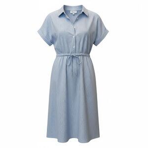 Gilli Light Blue Pinstripe Midi Dress • Button Front • Waist Tie • Lined